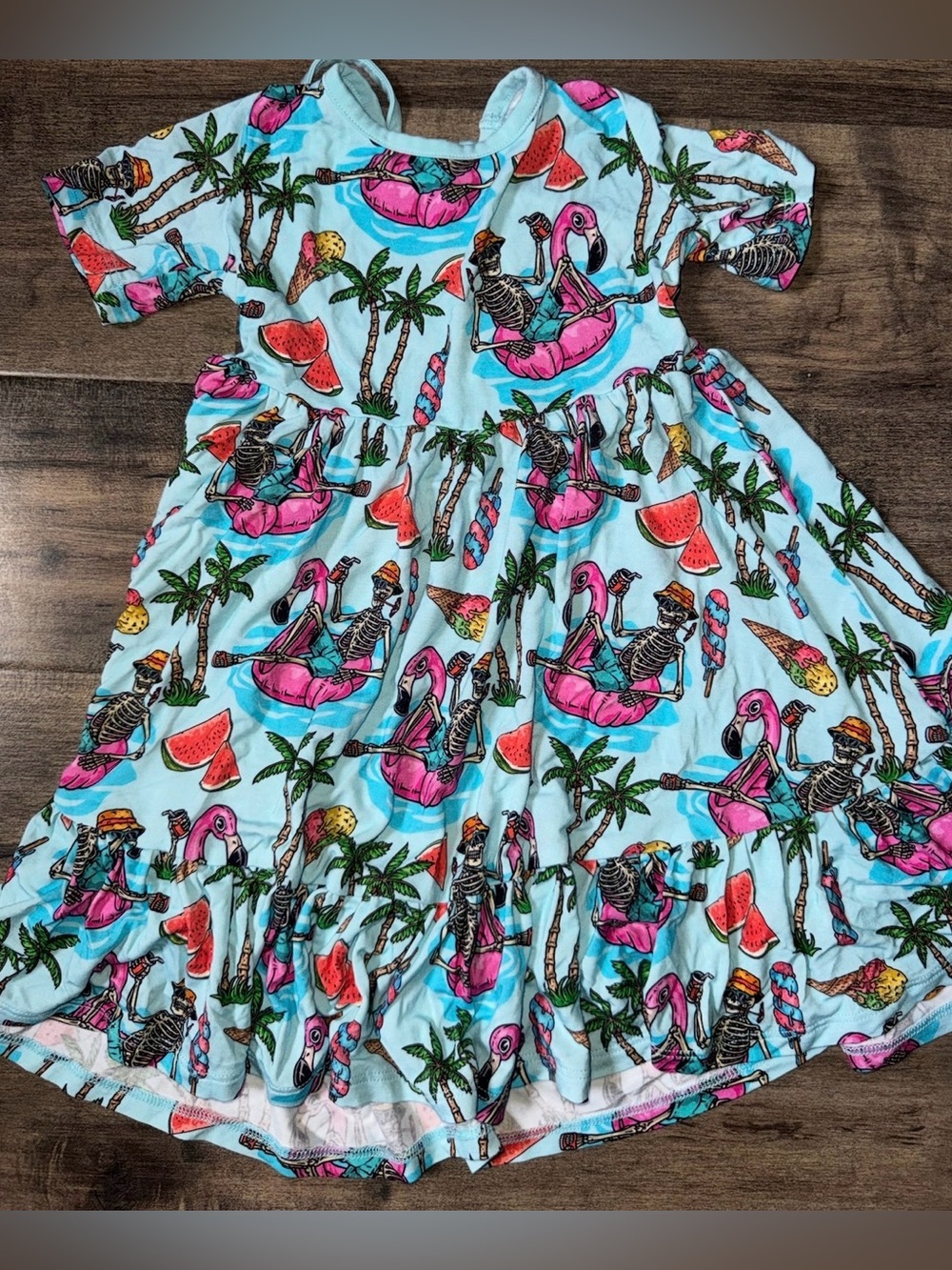 Bums & Roses Skull Summer Tie-Back Twirl Dress 3T Bamboo Flamingo Skeletons